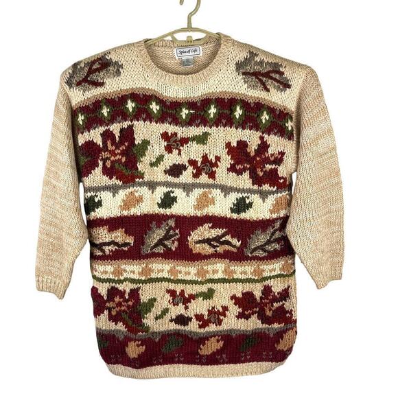 Vintage 90s Spice of Life Fall Leaves Autumn Cream Red Knit Sweater Womens Large - Picture 1 of 11